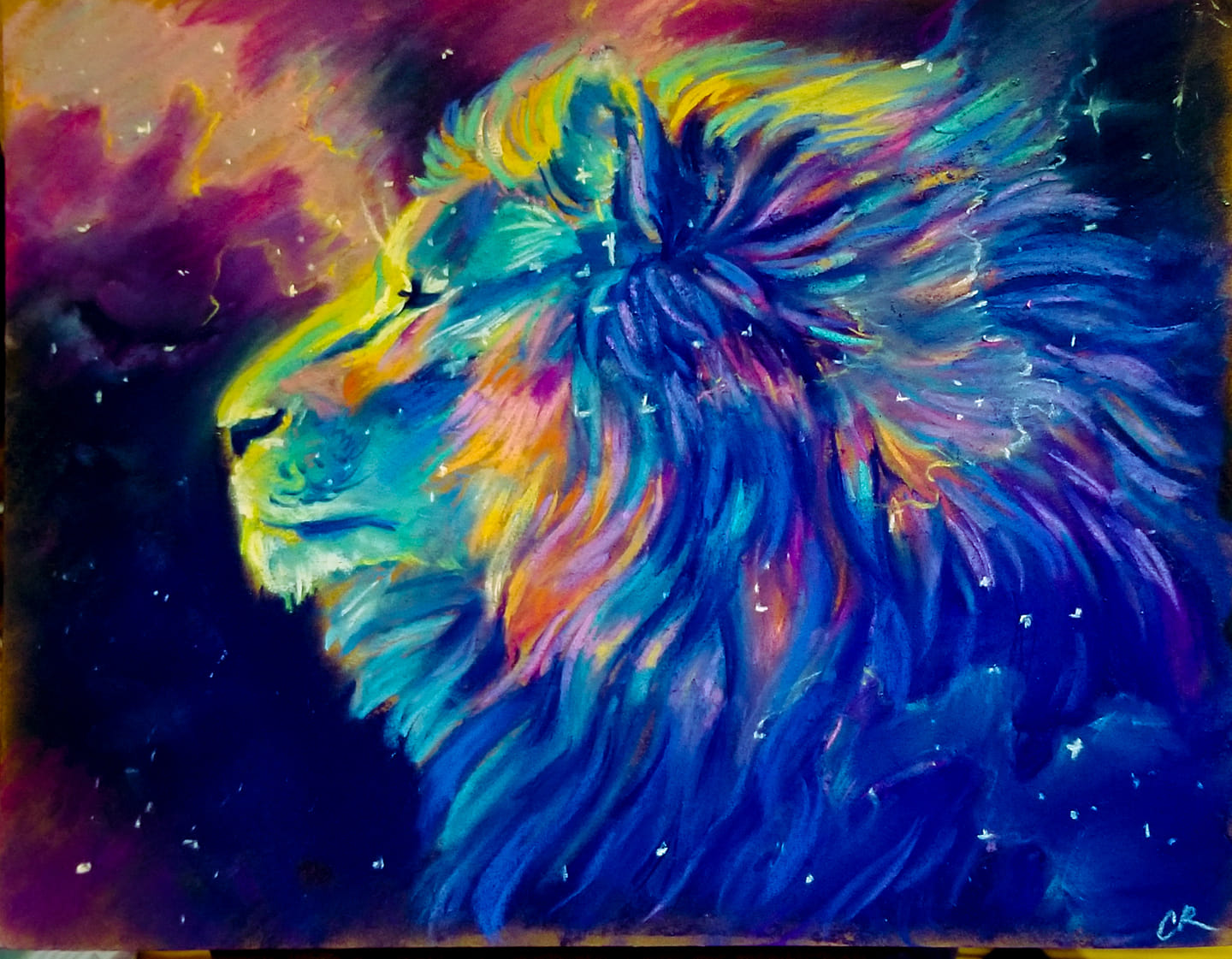 A pastel drawing of a mystical celestial portrait of a male lion with glowing mane in rainbow colors, the background is deep cosmic blue and purple, the face is lighter shades of blue, neon green and yellow, with orange and pink strokes in the mane
